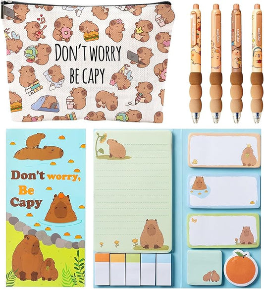 Capybara Gifts, Cute Capybara Stationery Set, Kawaii Sticky Notes Kit, 4 Erasable Gel Pens, Girls Christmas Gifts Back to School Supplies Office Small Gift for Women Birthday