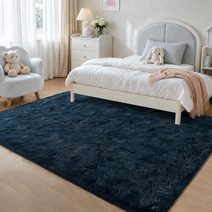 Zentavio Rugs for Boys Room Blue 3x5 Area Rugs for Living Room Small Navy Carpet for Bedroom Washable Soft Fluffy Shag Aesthetic Plush High Pile Throw Rug for Nursery Kids Room Dorm Room