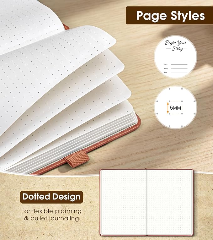 Dotted Journal Notebook, A5 Leather Hardcover, 160 Pages, 180° Lay-Flat Binding, 100 GSM Thick Paper, Dot Grid for Bullet Journaling, Planning & Daily Organization (Pink)