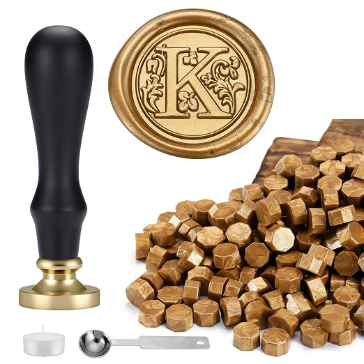 Yoption Traditional Initial Alphabet Wax Seal Stamp with 120 Antique Gold Wax Seal Beads Kit for Wedding Engagement Party Invitation Envelope Christmas Gift Wrap - Letter K