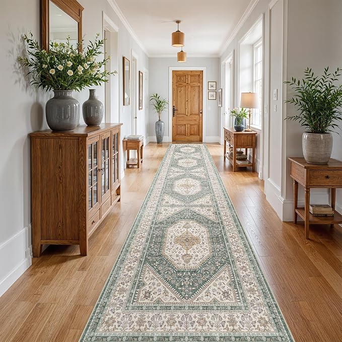 3x20 Runner Rug for Hallway Washable: Non Slip Kitchen Rugs with Rubber Backing Soft Waterproof Mats Stain Resistant Indoor Vintage Carpet Runner for Bedroom Bathroom Laundry Entryway Green/Beige