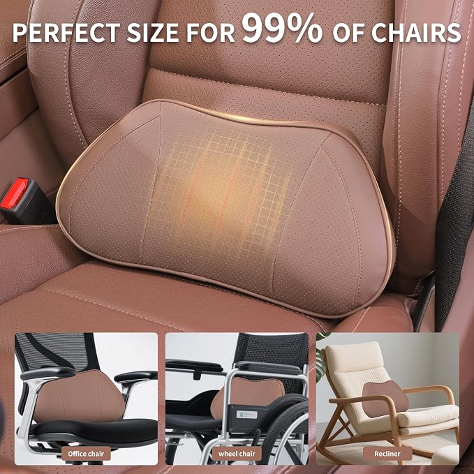 Car Lumbar Support Pillow for Driving Seat, Brown, 1 Pack | Leather Memory Foam Lumbar Cushion for Lower Back Pain Relief, Universal Back Support for Driving, Home & Office Chairs