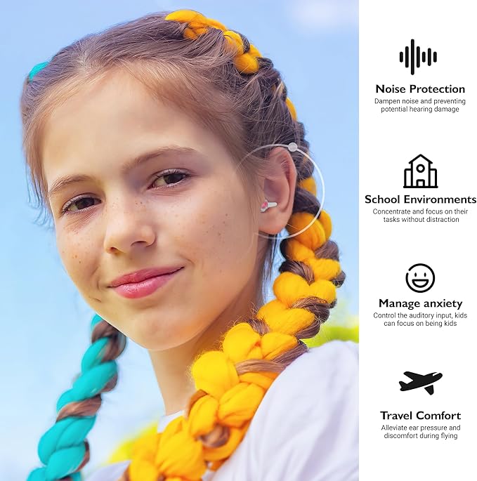 Kids Earplugs (6-12 yrs) – Pressure Relief Airplane Ear Protection for Children Adults with Small Ear Canals, Reusable Noise Sensitivity Ear Plugs for Home, School, Playtime & Beyond– 25dB