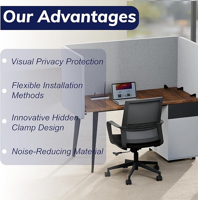 Desk Privacy Panel 24 x 60 Inch, Sound Absorbing & Proof Desk Divider for Office, Clamp-on/Screw-on Acoustic Desk Back Panel Partition, Gray