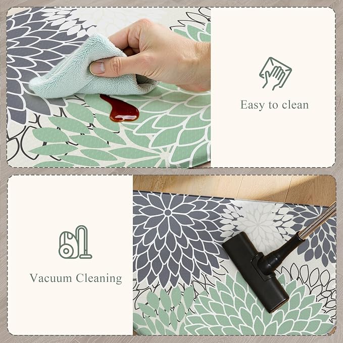 KIMODE Half Circle Kitchen Mats for Floor Cushioned Anti Fatigue 2PCS Semi | 28"x18"+28"x18",Half Round,Cyan,Boho Kitchen Rug Sets of 2,Non Slip,Waterproof,Padded Kitchen Carpet Decor for Sink Laundry