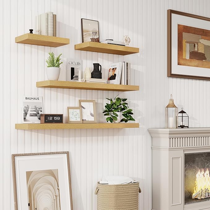 24in Floating Shelves for Wall, 24"W x 9.25"D x 1.25"H, 2 Pack Long Wall Mounted Engineered Wood Shelves with Invisible Brackets for Living Room, Bedroom, Bathroom, Kitchen Decor and Storage, Oak