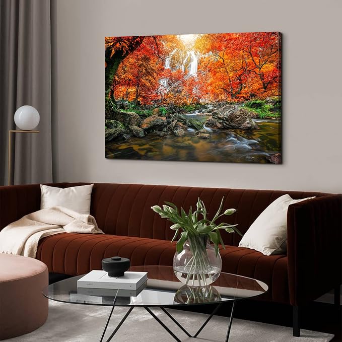 Mountain Waterfall Canvas Wall Art Tropical Forest Pictures Wall Decor for Living Room Kitchen Office Home Decoration 32x48” Nature Tree Scenery Posters for Room Aesthetic Artwork Burnt Orange Sunset