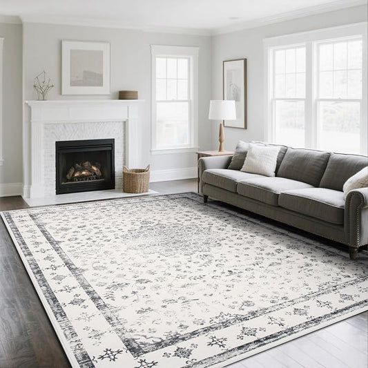 Srugn Washable Rugs 8x10 Area Rugs for Living Room,Rugs for Bedroom,Large Carpets,Ultra Soft Faux Wool Retro Dining Room Rug,Non Slip&Non-Shedding Low Pile Vintage Print Rug for Home Office-Grey