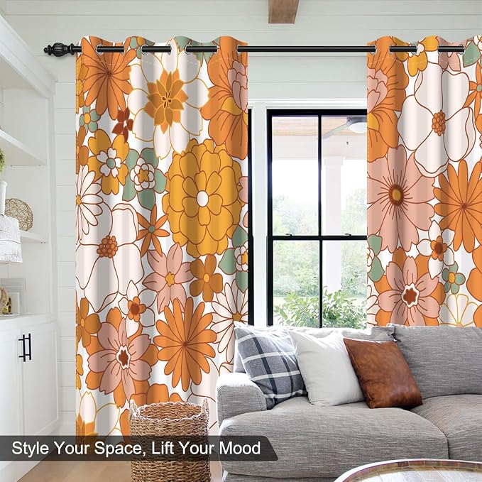 Boho Floral Blackout Curtains for Bedroom 84 inch Long 2 Panels Set, Bohemian Patterned Black Out Curtains for Living Room Farmhouse Grommet Heat Blocking Soundproof Room Darkening Window Drapes