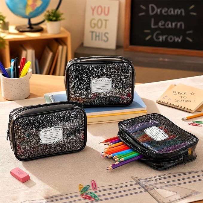 Suclain 12 Pack Back to School Gift for Teacher, Composition Book Theme PVC Zipper Organizer Pouches, 7.9 × 5.9 × 2.4 in Storage Bags for Classroom Rewards Teacher Student Gift Bags