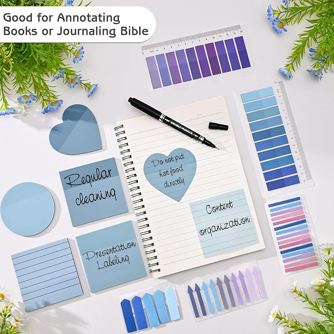 1450 Sheets Transparent Sticky Notes, 3 x 3 inch Aesthetic Clear Lined Sticky Notes with Pen, Gradient Color Waterproof Self-Adhesive Annotation Tabs for Bible Journaling (Blue & Purple)