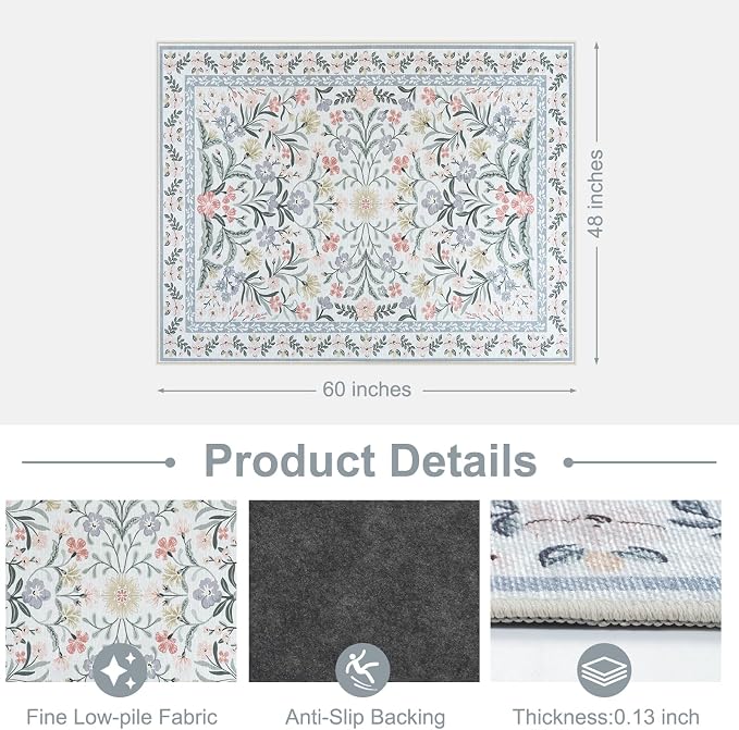 Anidaroel Office Chair Mat for Hardwood Floor/Tile Floor, 48"x60" Boho Floral Computer Chair Mats, Anti-Slip Beige Under Desk Rug for Office Home, Low Pile Floor Protector for Rolling Chair