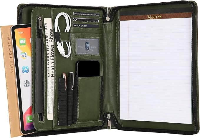 Personalized Leather Portfolio for Men, Business Padfolio with Zipper, Vegan Leather Folio with A4 Writing Pad Holder Organizer for Resume, Interview, Custom Portfolio - Green