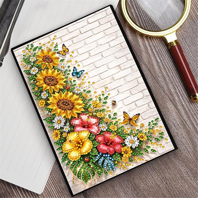 FRANDEK Diamond Art Painting Notebook Kit, Flower Butterfly A5 DIY Journal with 50 Blank Pages, Crystal Rhinestone Cover with Waterproof Canvas, Beginner Craft Set with Full Tools for Adults