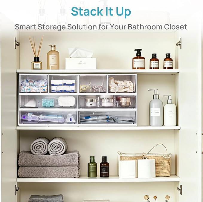 Vtopmart White Stackable Storage Drawers, 2 Pack Wide Organizers | Pull-Out Drawers, Stackable Design for Makeup Palettes, Cosmetics, Beauty Supplies, Vanity, Cabinet and Desk