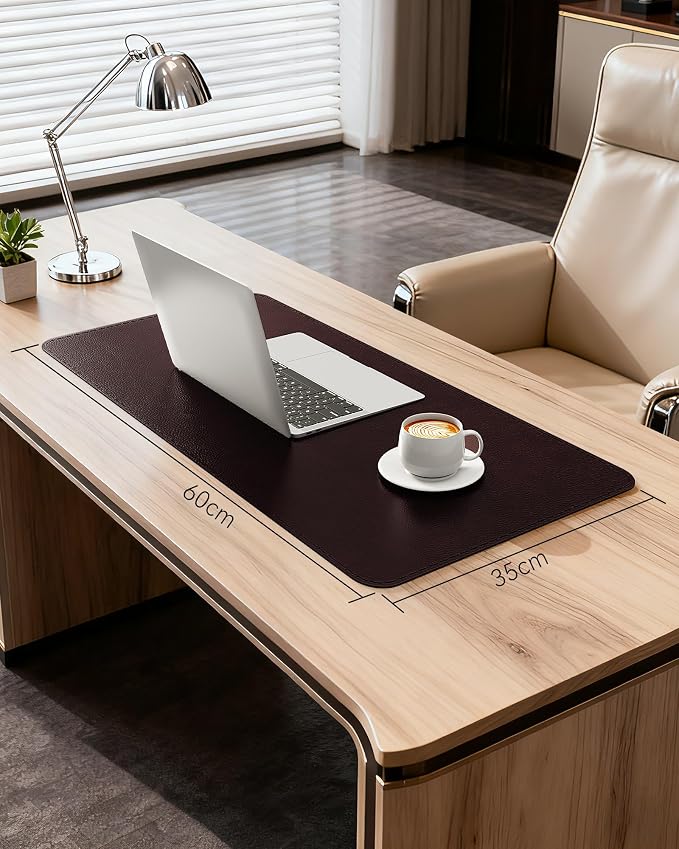 YSAGi Genuine Leather Desk Mat, 23.6"x13.8" Office Desk Pad, Thick Desk Pad Mat with Stitched Line, Non-Slip Desk Mat with Rubber Base (Red Brown, 23.6"x13.8")