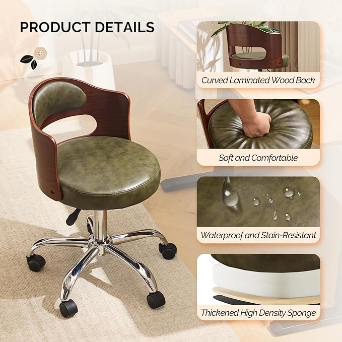 VINGLI Armless Home Office Desk Chair, Adjustable Swivel Chair,Dual-Use with/no Wheels,Small Retro Designed Walnut Curved Task Chair,Cushioned Nail Tech Chair for Study Area,Workspace,PU,Olive Green