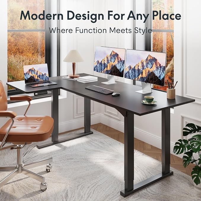 FLEXISPOT 4-Leg L-Shaped Standing Desk, 71 x 43 Inches, Black | Electric Height Adjustable, 220lb Load Capacity, Reversible L/R Corner Desk, Home Office, Gaming & Study
