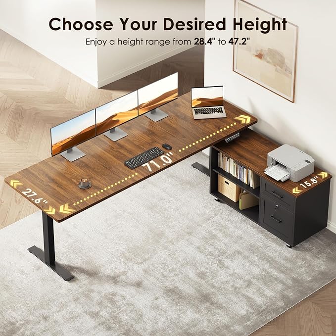 OffiGo 71" L Shaped Electric Standing Desk with File Cabinet, Walnut/Black | Mobile Drawers & File Cabinet for Flexible Layout, Height Adjustable Executive Stand Up Desk for Home Office Workstation