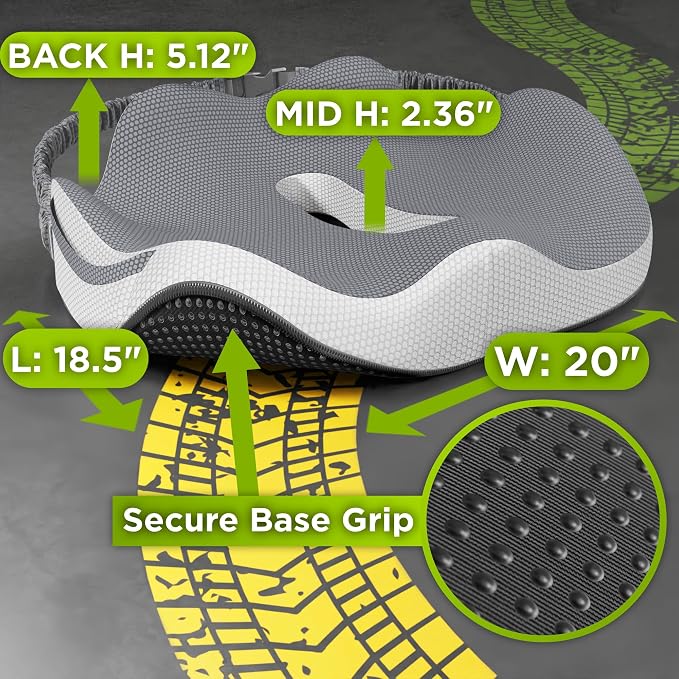 Large Truck Seat Cushion for Truck Driver Seat Cushion - CertiPUR-US® Certified Upgraded Back Support, Thick Memory Foam, Pain Relief for Hours of Driving, Trucker Approved Semi - Gray