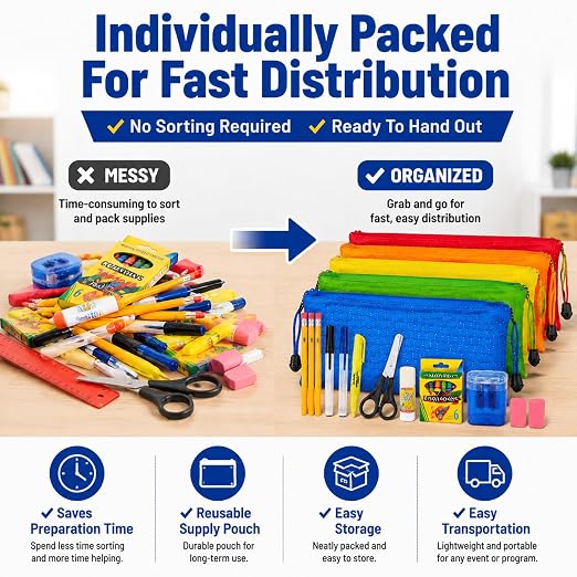 24 Pack Bulk Back to School Supply Kits, Complete Stationery Sets for Charity Donations, Classroom Giveaways, Volunteer Events and Educational Support Programs