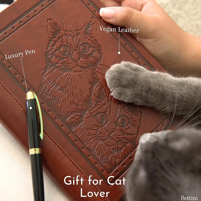 SETTINI® Lined Journal - Cat Journal for Writing Gift Set - Hardcover Vegan Leather, Includes Luxury Pen in a Unique Pen Holder, 192 Pages, A5, Birthday Gift, Journal for Women