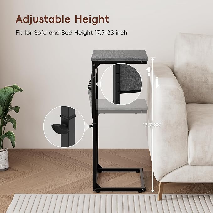 Vagusicc C Shaped End Table, 32'' Tall Side Table for Couch, Adjustable Height Small Couch Side Table for Small Spaces, C Table Slide Under Sofa Table TV Tray Arm Table for Living Room Bedroom