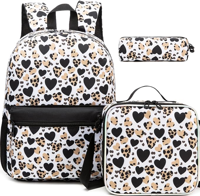 Girls Backpack for School Backpack for Girls 8-10 Kids Backpacks with Lunch Box Leopard Print Schoolbag for Kids