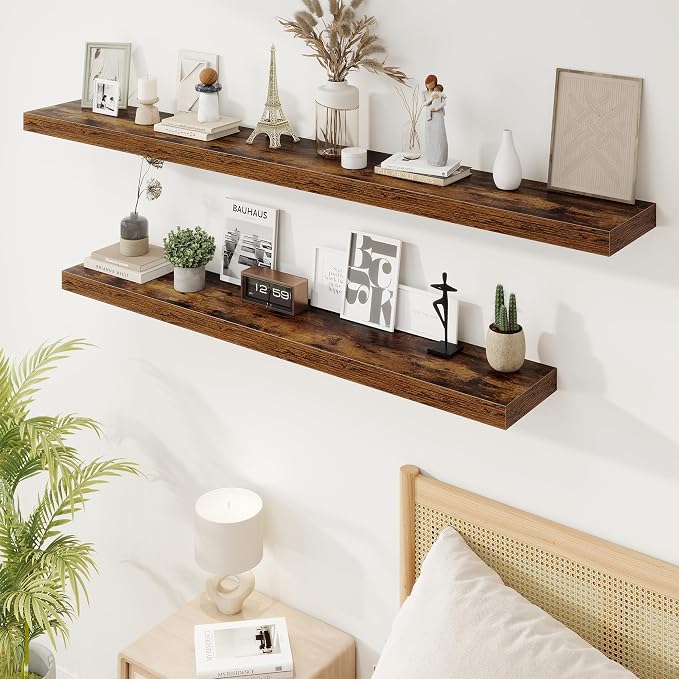 Marsmiles 55in Floating Shelves for Wall, 55" W x 9.25" D x 1.5" H, Long Wall Mounted Engineered Wood Shelves with Invisible Brackets for Living Room, Bedroom, Bathroom, Kitchen, Rustic Brown, 2Pcs