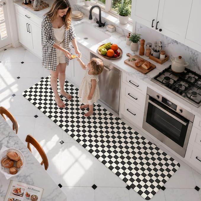 KIMODE Kitchen Mats Cushioned Anti Fatigue, Farmhouse Kitchen Rug 24"x71" | Black and White Kitchen Mats for Floor, Waterproof Laundry Room Rug, Memory Foam Standing Mat for Kitchen Decor Office Desk