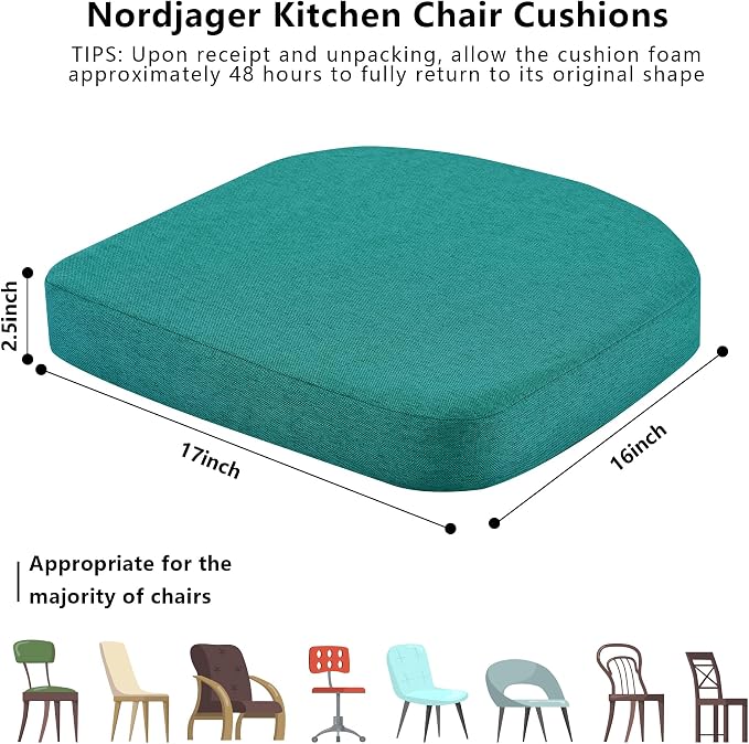 Nordjager Chair Cushions for Dining Chairs, 6 Pack Memory Foam Cushion | 2.5" Thick Chair Cushion; Waterproo Surface with 17" x 16" Size for Kitchen & Dining Chairs, Secure Ties and Washable Cover.