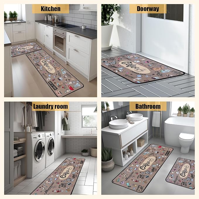 Voanos Coffee Kitchen Rugs,Non Skid Washable Microfiber mats for Kitchen Floor,Coffee Theme Kitchen Cushioned Runner Rug Decor Sets of 2 Pieces,17"x 47"+17"x 30"