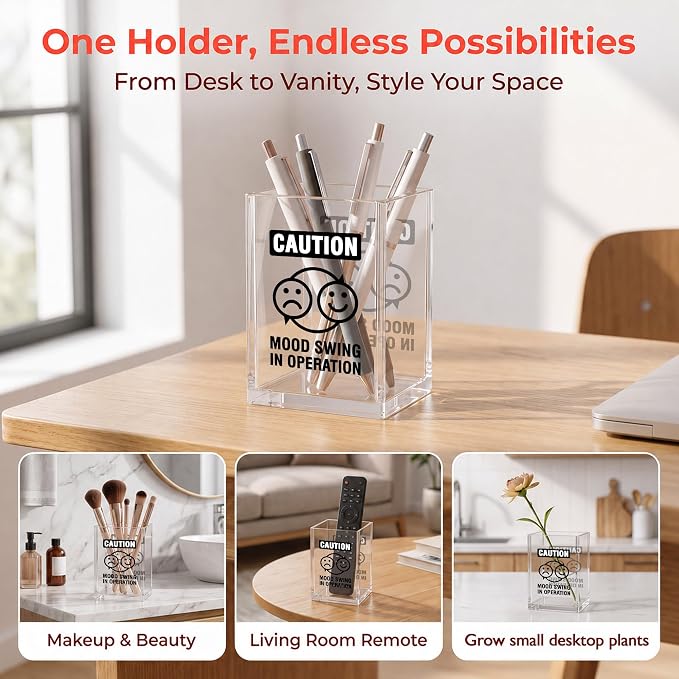 Funny Office Acrylic Cosmetic Pen Pencil Holder Cup, Caution Mood In Operation Pencil Organizer, Humor Unique Desk Accessories, Minimalist Sarcastic Gifts for Women Men Boss Employee（A09）