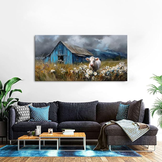 AIYISU Rustic Farmhouse Wall Art Cow and Blue Barn Canvas Pictures Country Landscape Wall Decor Wildflower Field Painting Farm Animal Artwork for Living Room Dining Room Bedroom Home Decoration 30x60