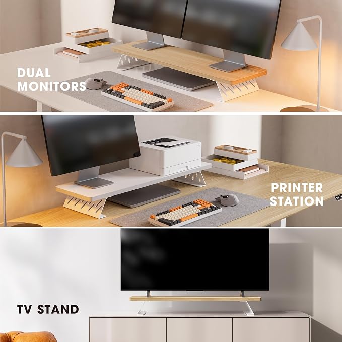 Fenge Monitor Stand Riser, 31.5 Inch Desk Top Shelf for 2 Monitors, Computer Stands for Desk, Wood & Steel Desktop Riser for Laptop, PC, Printer