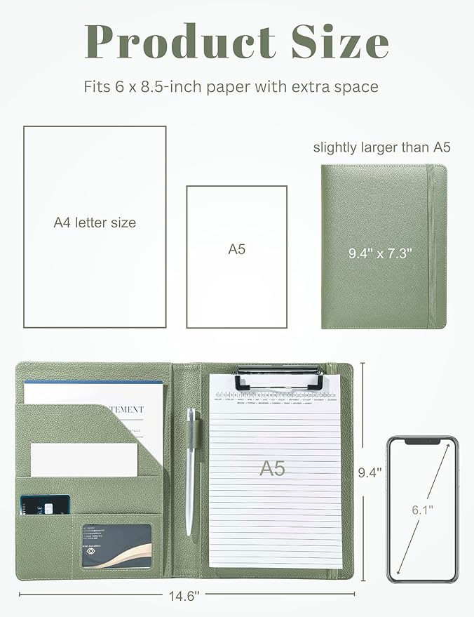 Mymazn Junior Padfolio Portfolio Folder, Small A5 Clipboard with Cover for 5'' x 8'' Writing Pad Notepad Holder for Business Office Men Women (Sage Green)