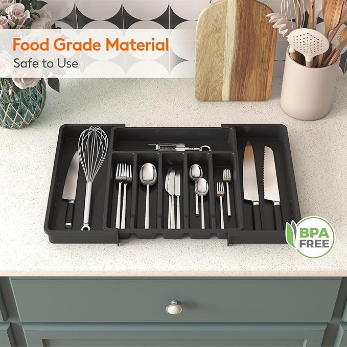 Lifewit Silverware Drawer Organizer, Expandable Utensil Tray for Kitchen, BPA Free Flatware and Cutlery Holder, Adjustable Plastic Storage for Spoons Forks Knives, 13-22 x 15", Black