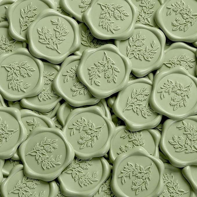 UNIQOOO Wax Seal Stickers - Eucalyptus Wedding Invitation Envelope Seal Stickers, 50 Pcs Self- Adhesive Sage Green Stickers, Perfect for Invitation, Christmas, Gift Wrapping