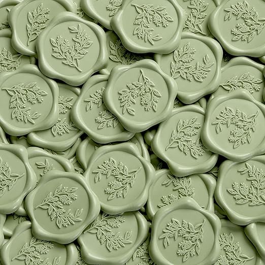 UNIQOOO Wax Seal Stickers - Eucalyptus Wedding Invitation Envelope Seal Stickers, 100 Pcs Self- Adhesive Sage Green Stickers, Perfect for Invitation, Christmas, Gift Wrapping, Party