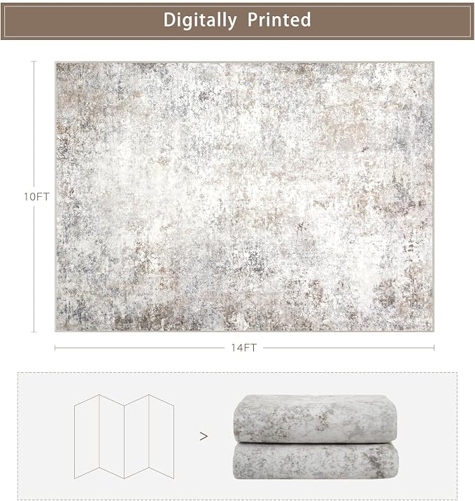 Srugn Washable Rugs 10x14 Area Rugs for Living Room,Modern Abstract Rugs for Bedroom,Large Carpets,Ultra Soft Faux Wool Retro Dining Room Rug,Non Slip&Non-Shedding Low Pile Print Rug- Beige Grey