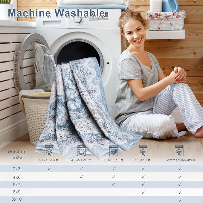 Macgace 3x5 Area Rug for Bedroom, Machine Washable Rugs with Non-Slip Backing for Living Room, Soft Vintage Carpet Kitchen Laundry Kids Room Decor, Blue & Beige