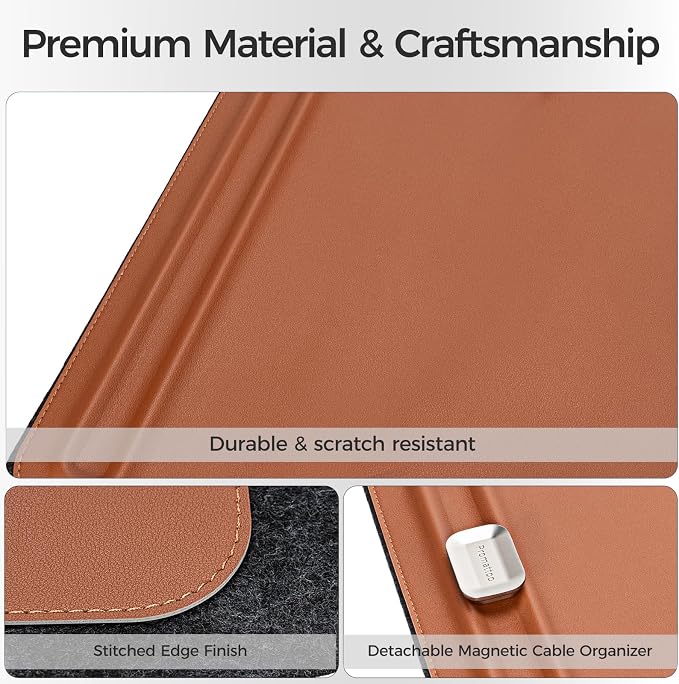 Desk Mat – Double-Sided Vegan Leather & Felt | Built-In Magnetic Cable Organizer & File Storage | Premium Workspace Pad for Office, Gaming & Creative Professionals-（Brown）