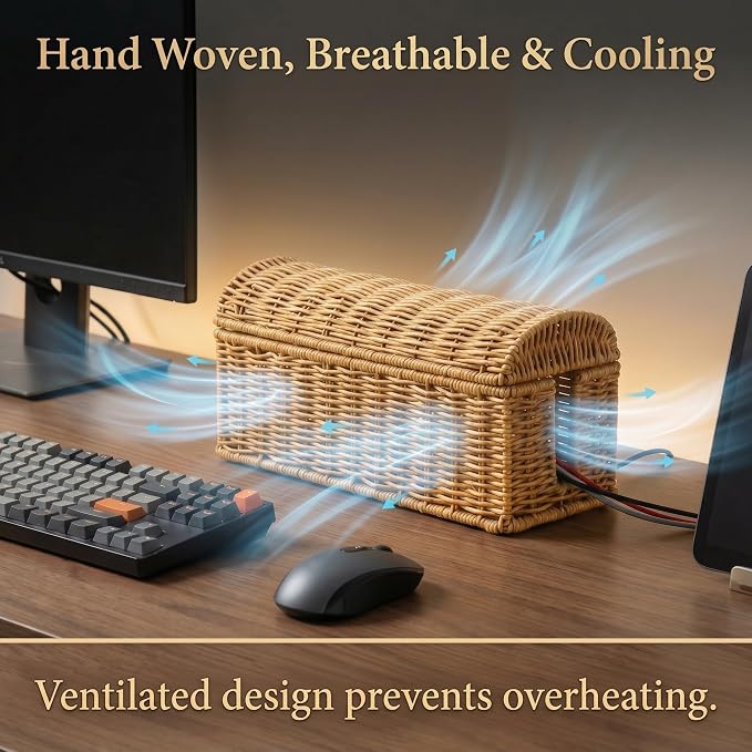 Rattan Cable Management Box, Ventilated Cord Hider with Flip Lid | Hand Woven Craft, Ventilated Heat Dissipation, Easy Access Protective Curved Flip Lid, Boho Woven Decor for Home and Office