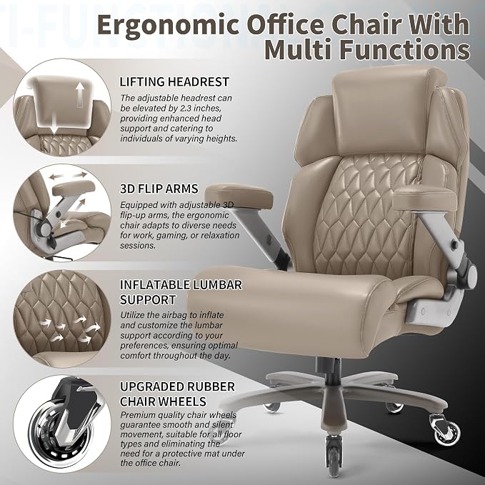 Big and Tall Office Chair 700lbs, Ergonomic High Back Computer Desk Chair | Adjustable Headrest&Lumbar Support, 3D Flip Arms, Large Wheels, Heavy Duty Metal Base, Thick Padded Wide Seat Executive Chair