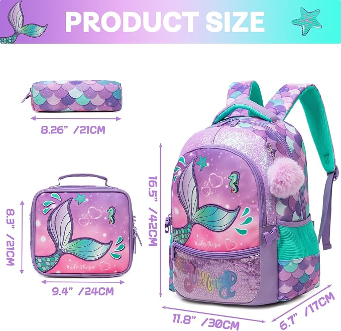 Meetbelify Mermaid Backpacks for Girls School Bag Cute Girls Backpacks Ages 8-10 with Lunch Box Kids Bookbag Set Travel Backpack for Elementary Students Backpack to School Supplies