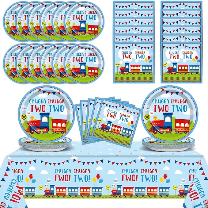 Qyeahkj 24 Guests Chugga Chugga Two Two Birthday Party Paper Plates Napkins Tablecloth Supplies Set Train 2nd Disposable Tableware Dinnerware Decorations Favors for Boys Girls Birthday Party