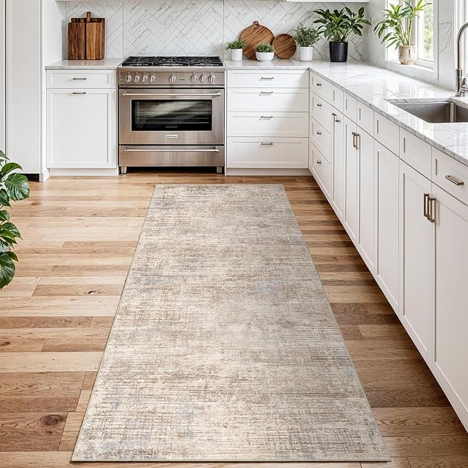 3x8 Hallway Washable Runner Rug - Non-Slip Kitchen Rugs with Rubber Backing Abstract Neutral Low-Pile Carpet Runners for Laundry Room Home Decor Bedroom Bathroom Entryway (Ivory Beige Distressed,3x8)