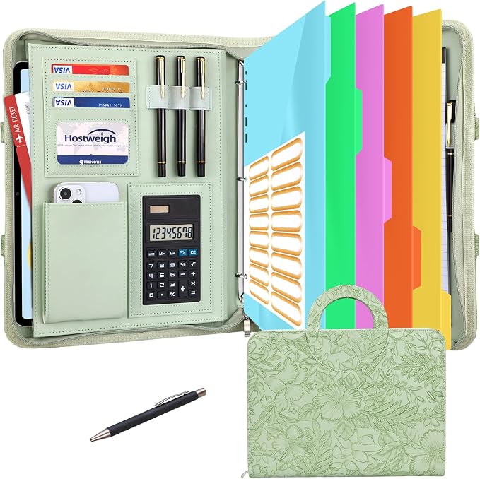 Portfolio Binder - 3 Ring Binder with Magnetic Handle, Vegan Leather Business Padfolio Folder with Notepad, Includes 5 Dividers with 10 Pockets for Documents Files