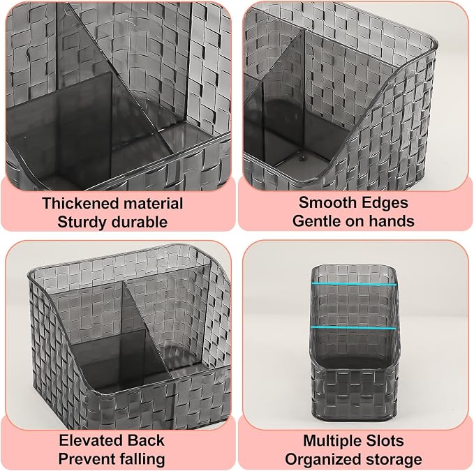 DASITON Makeup Brush Holder Organizer, 3 Slots Acrylic Makeup Brushes Storage Cup, Woven Texture Make Up Brush Holder for Vanity Bathroom Office, Pen Holder for Desk, Cosmetic Display Cases (Grey M)