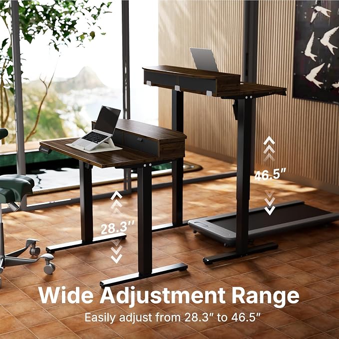 HUANUO 32 x 21 inch Small Electric Standing Desk with 2 Drawers, C-Clamp Mount Compatible, Height Adjustable Sit Stand Desk, Home Office Stand Up Desk with 4 Memory Height Settings, Walnut